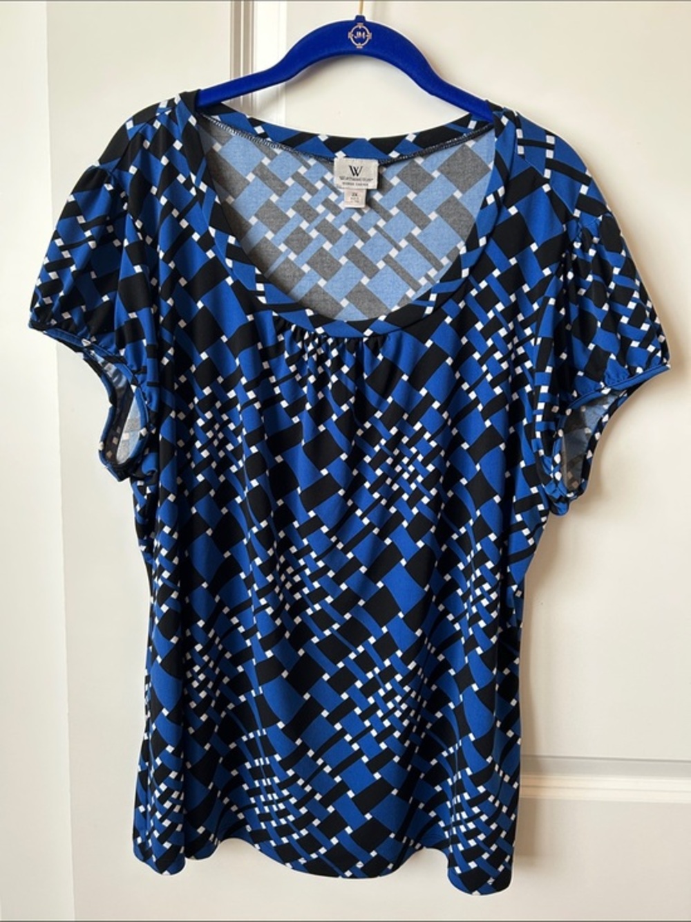 Worthington Blue Geometric Scoop Neck Top 2X